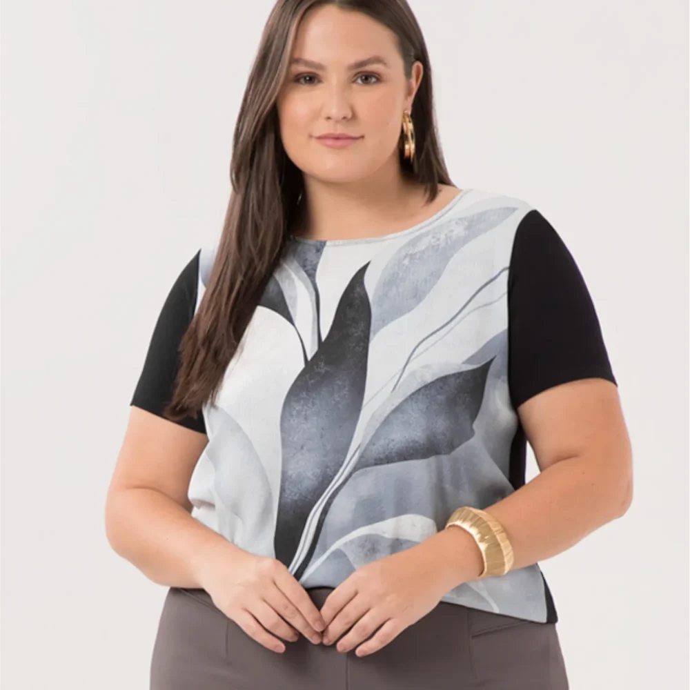 Blusa Feminina Plus Size Manga Curta Ref C0315 Preto