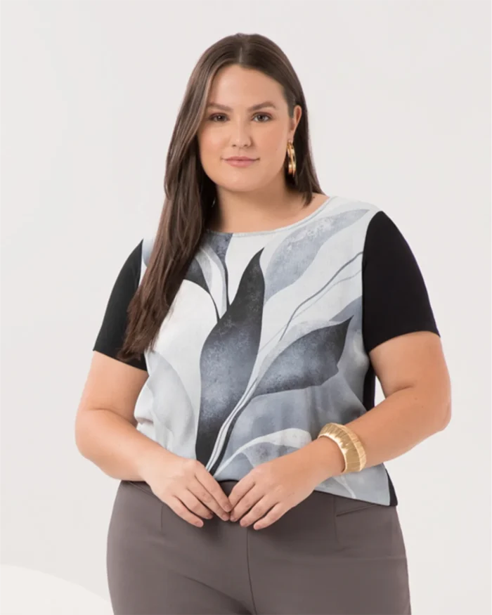 Blusa Feminina Plus Size Manga Curta Ref C0315 Preto - 48
