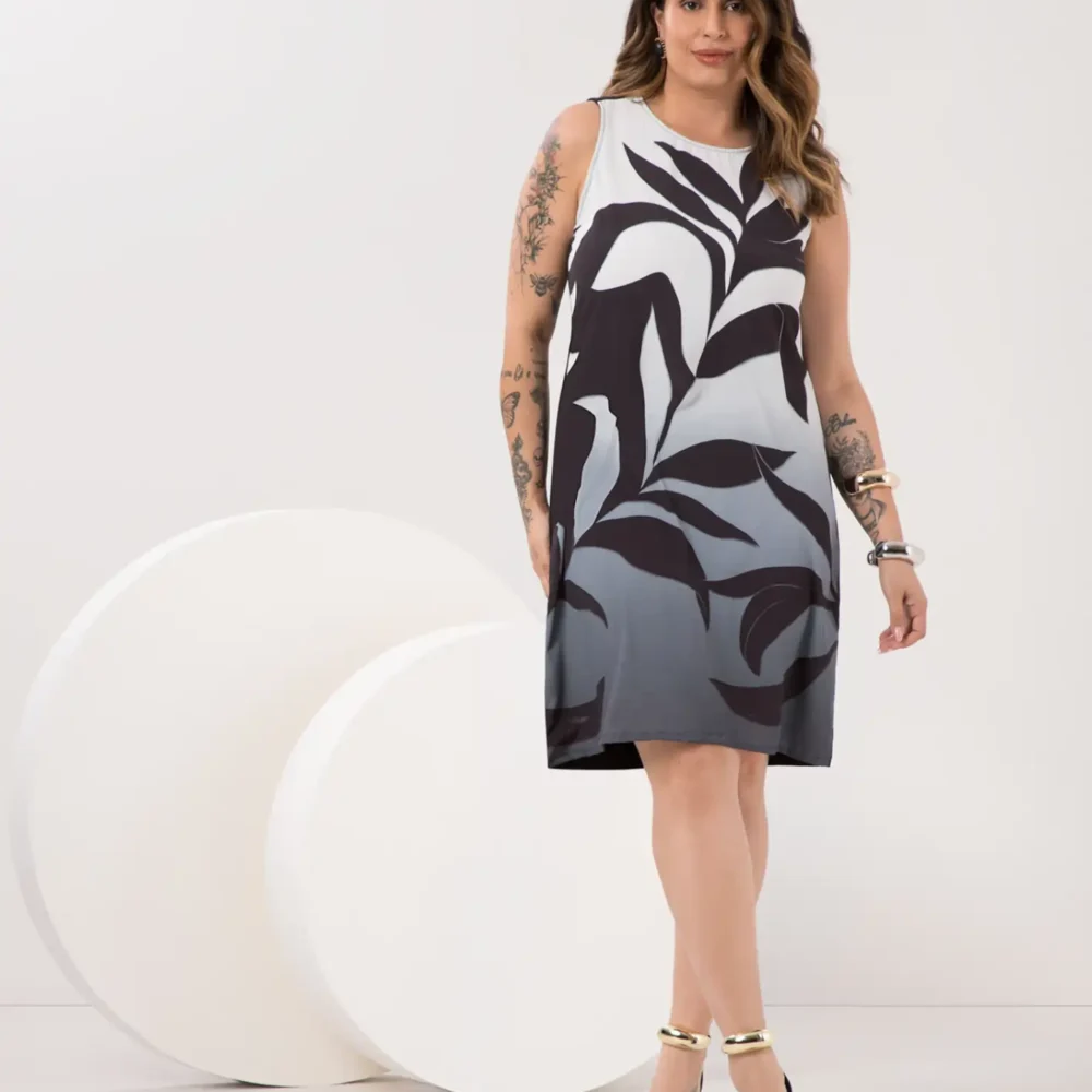Vestido Plus Size Manga Curta Ref C0333 Estampa Preto - 52