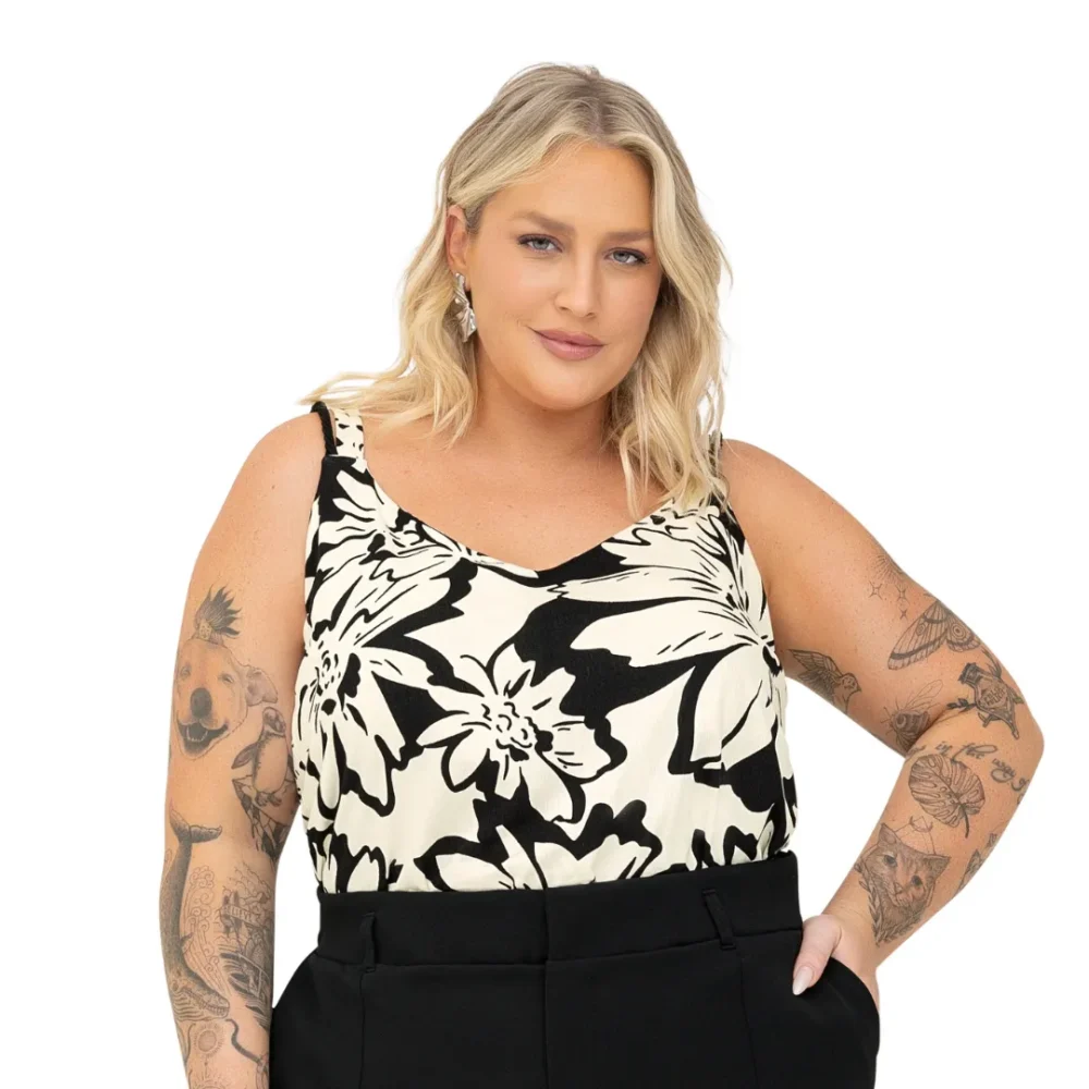 Regata Feminina Plus Size Ref S01807 Preto Branco - 52