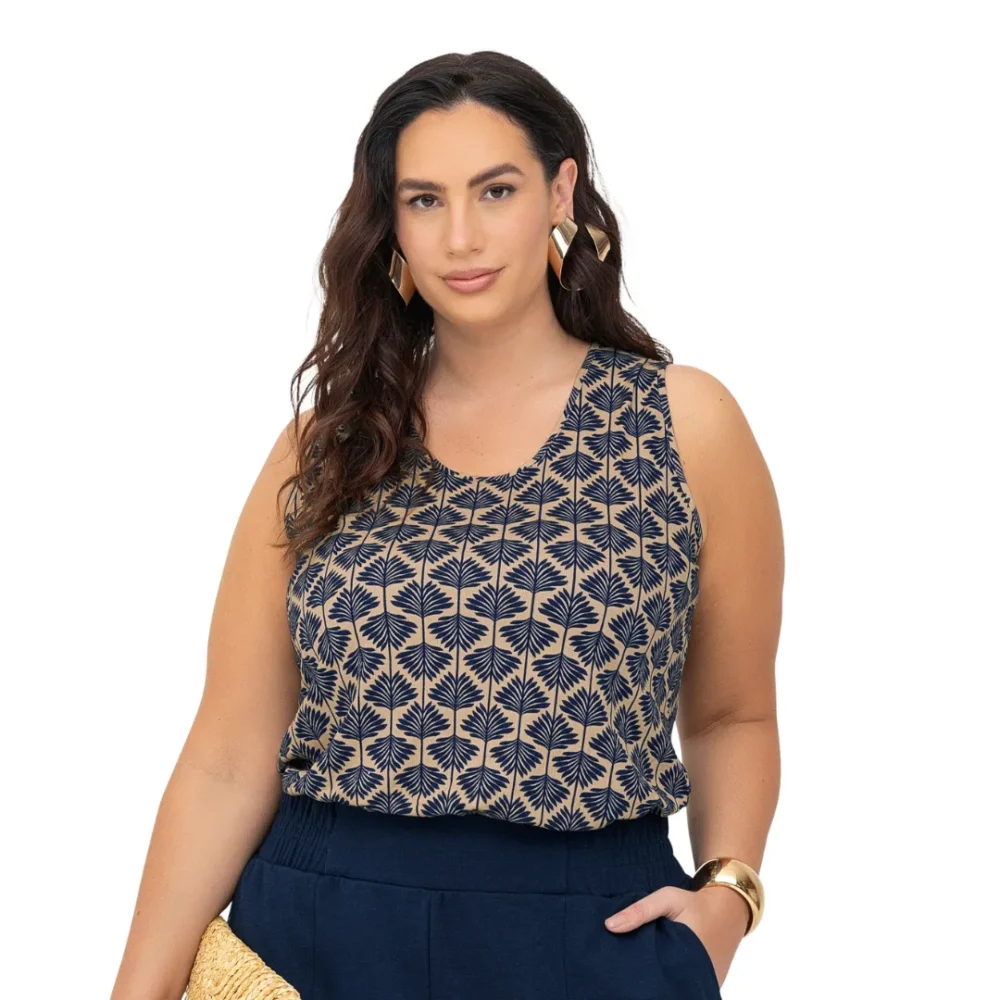 Regata Feminina Plus Size Ref S01825 Bege e Marinho - 50