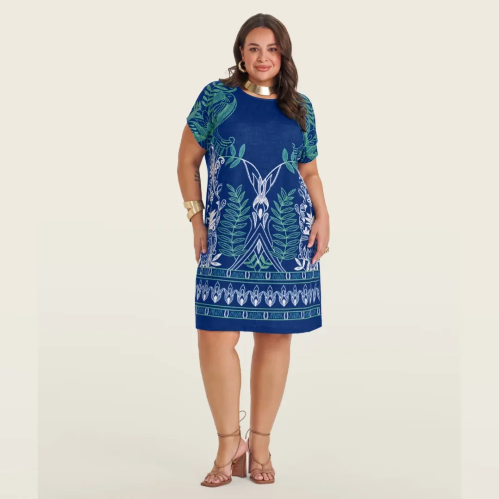 Vestido Plus Size Manga Curta Ref S01900 Estampado Azul - 50