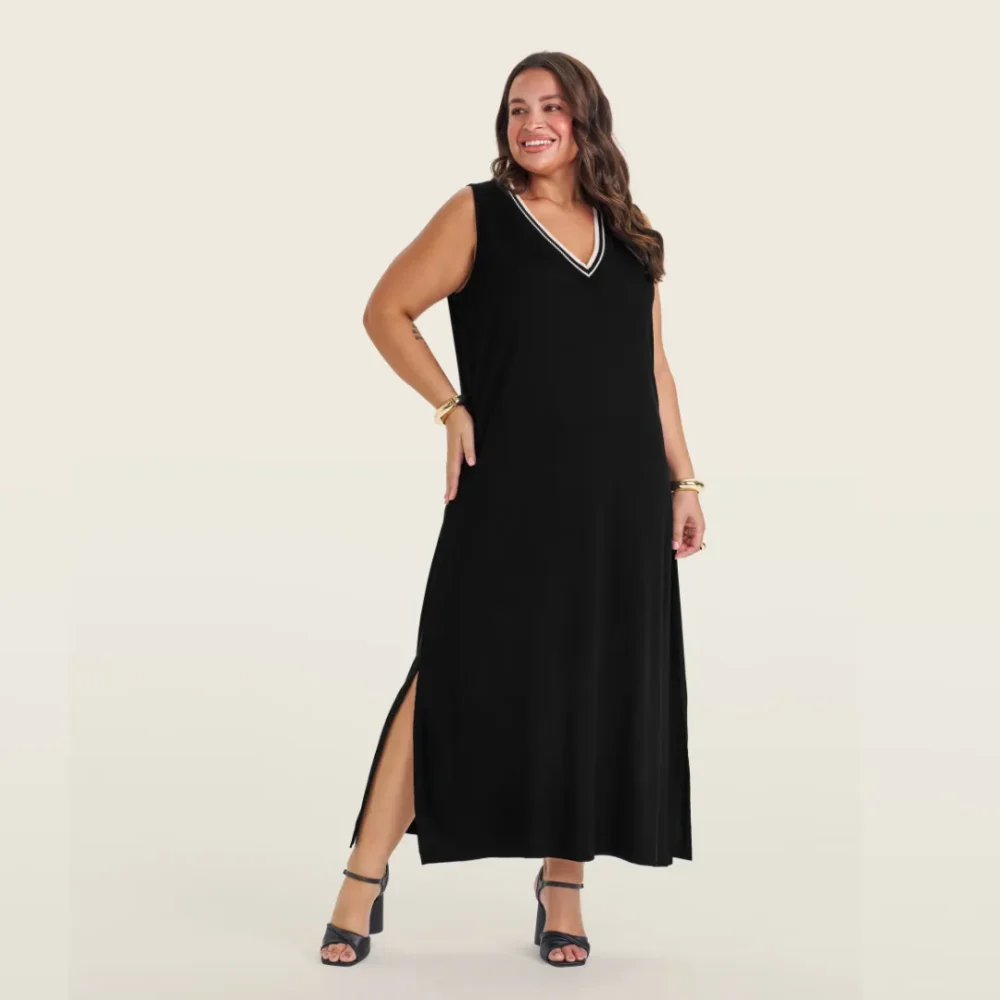 Vestido Mid Sem Manga Plus Size Ref S01907 Preto - 52