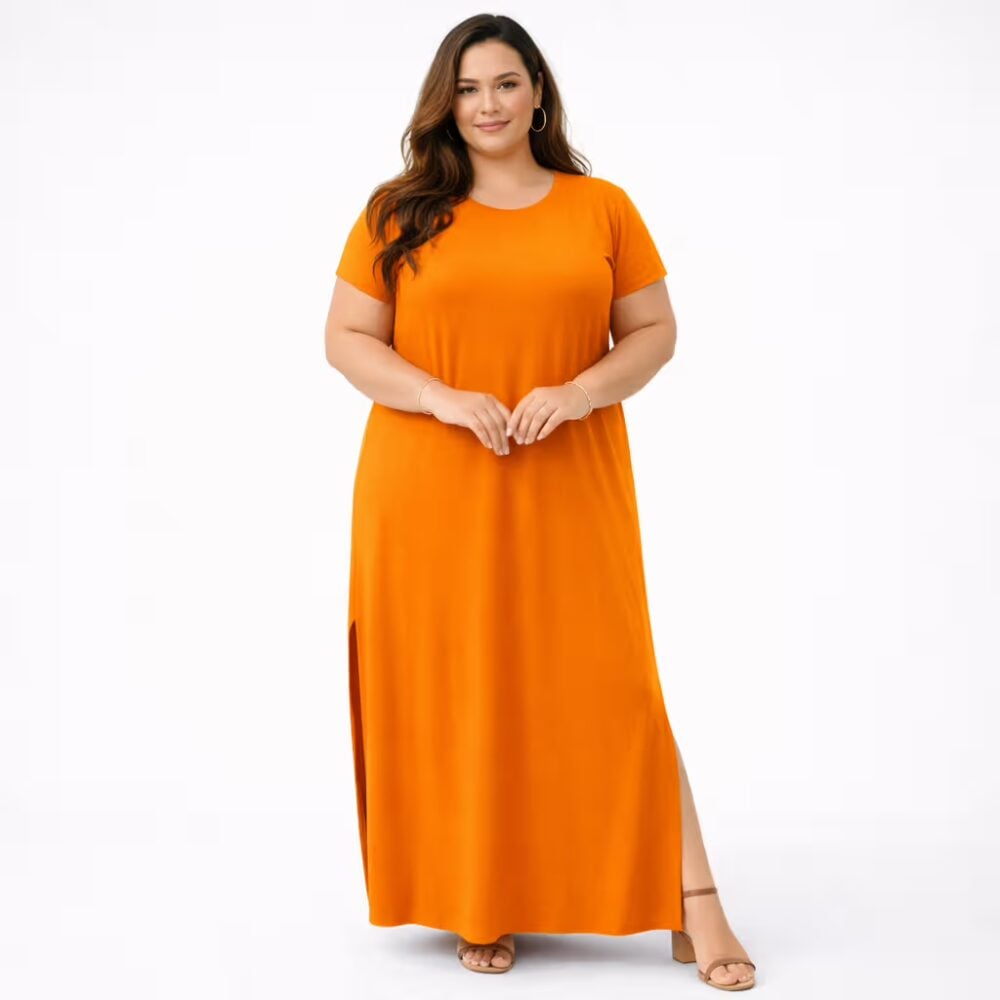 Vestido Longo Manga Curta Plus Size Ref. VLM-222 Laranja LUNA - 52