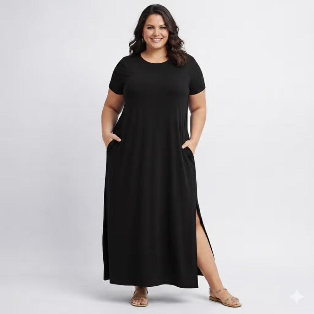 Vestido Longo Manga Curta Plus Size Ref VLM-222 Preto LUNA - 46