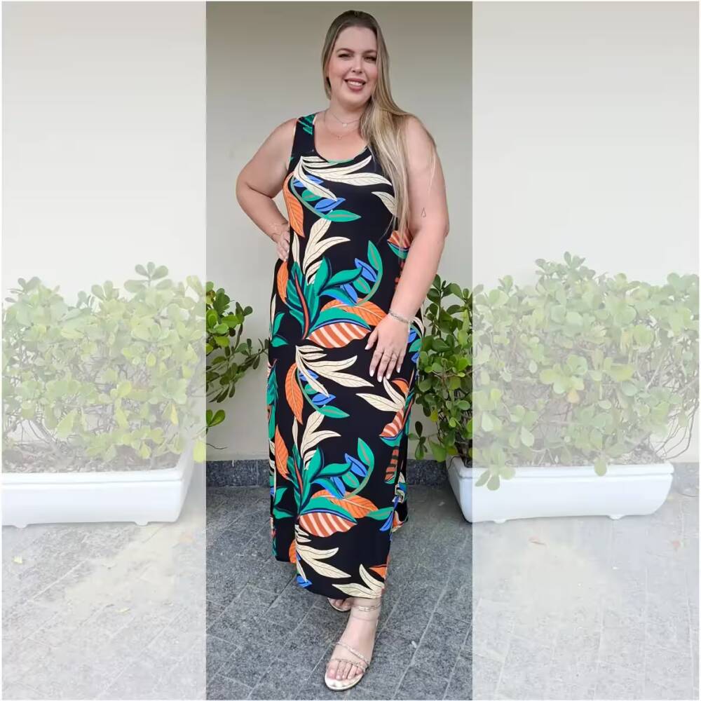 Vestido Longo Plus Size Sem Manga Ref VSM-130 Estampa Folhas