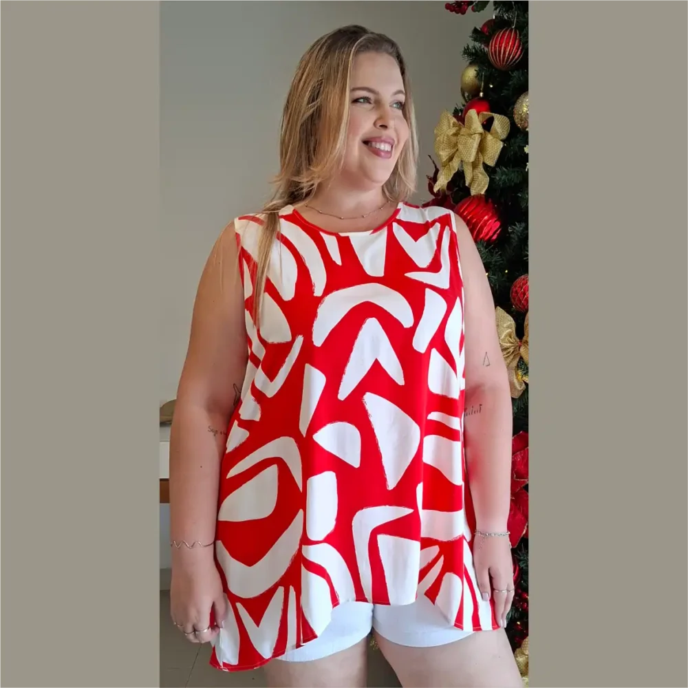 Regata Feminina Plus Size Ref 11749 Estampa Vermelho - 48