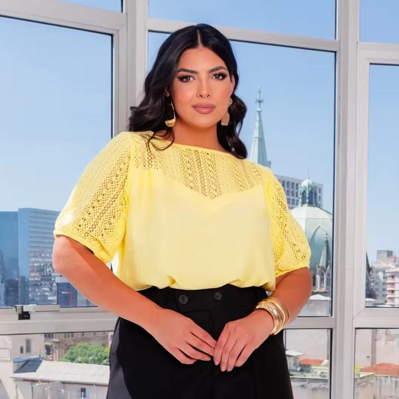 Blusa Feminina Manga Curta Plus Size  Ref 129670 Amarelo