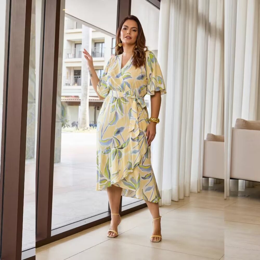 Vestido Midi Manga Curta Plus Size Ref. 53140041 Estampa Amarela