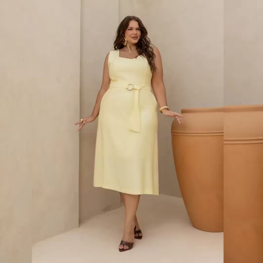 Vestido Midi Sem Manga Plus Size Ref 900867 Amarelo