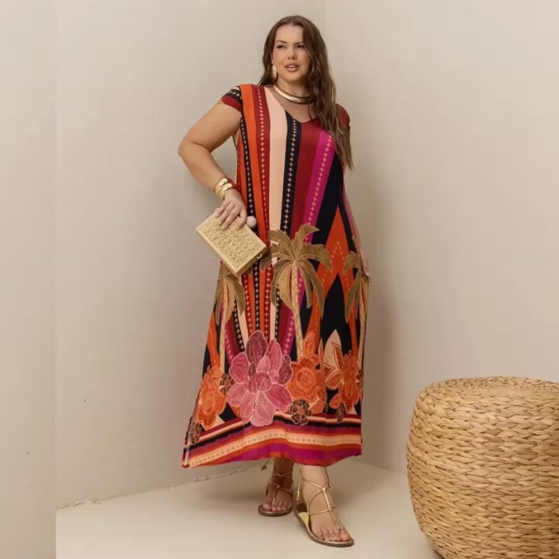 Vestido Midi Manga Curta Plus Size Ref 900873 Estampa Vinho