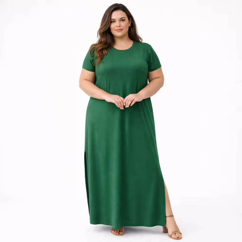 Vestido Longo Plus Size Manga Curta Ref VLM-222 Musgo - 46