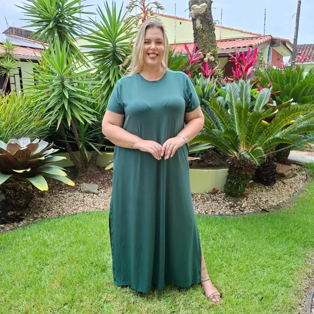 Vestido Longo Plus Size Manga Curta Ref VLM-222 Musgo
