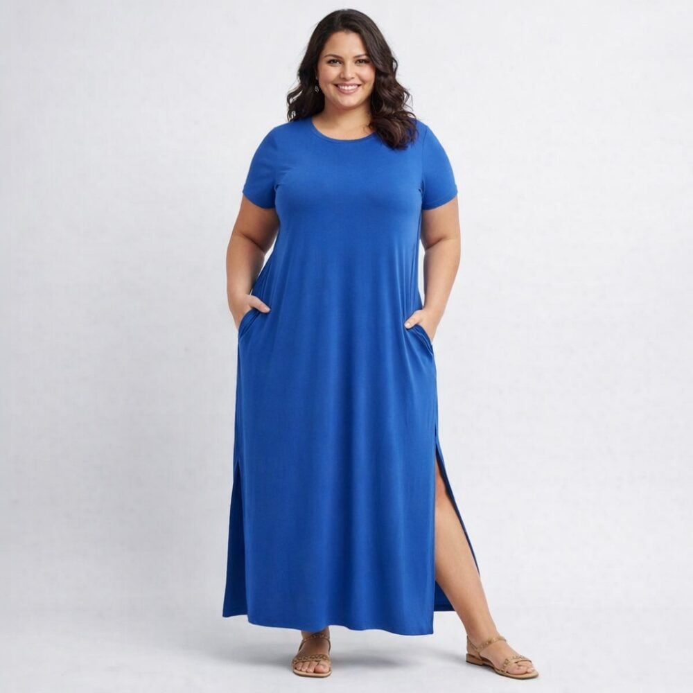 Vestido Longo Plus Size Manga Curta Ref VLM-222 Royal