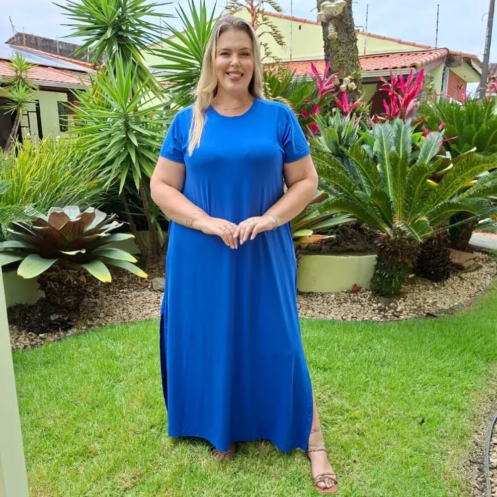 Vestido Longo Plus Size Manga Curta Ref VLM-222 Royal