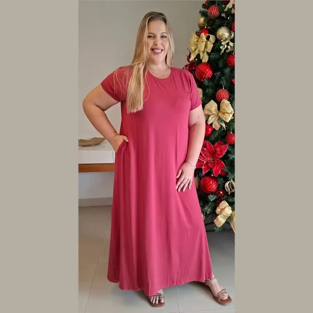 Vestido Longo Plus Size Manga Curta Ref VLM-222 Rosa Queimado - 60