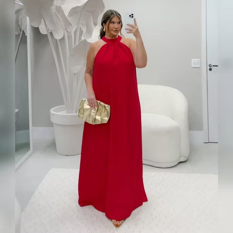 Vestido Longo Sem Manga Plus Size Ref 17485 Vermelho