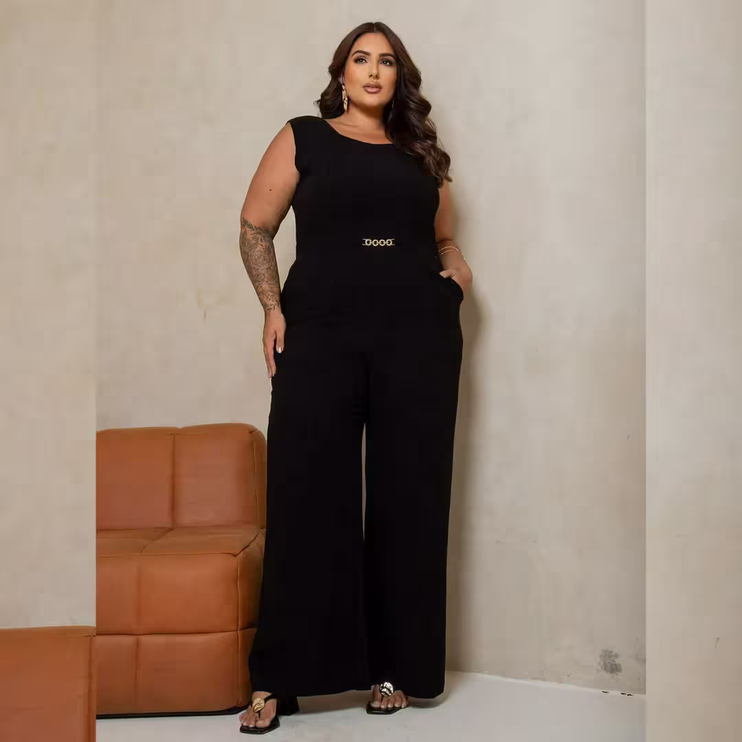 Macacão Longo Feminino Sem Manga Plus Size Ref 900848 Preto