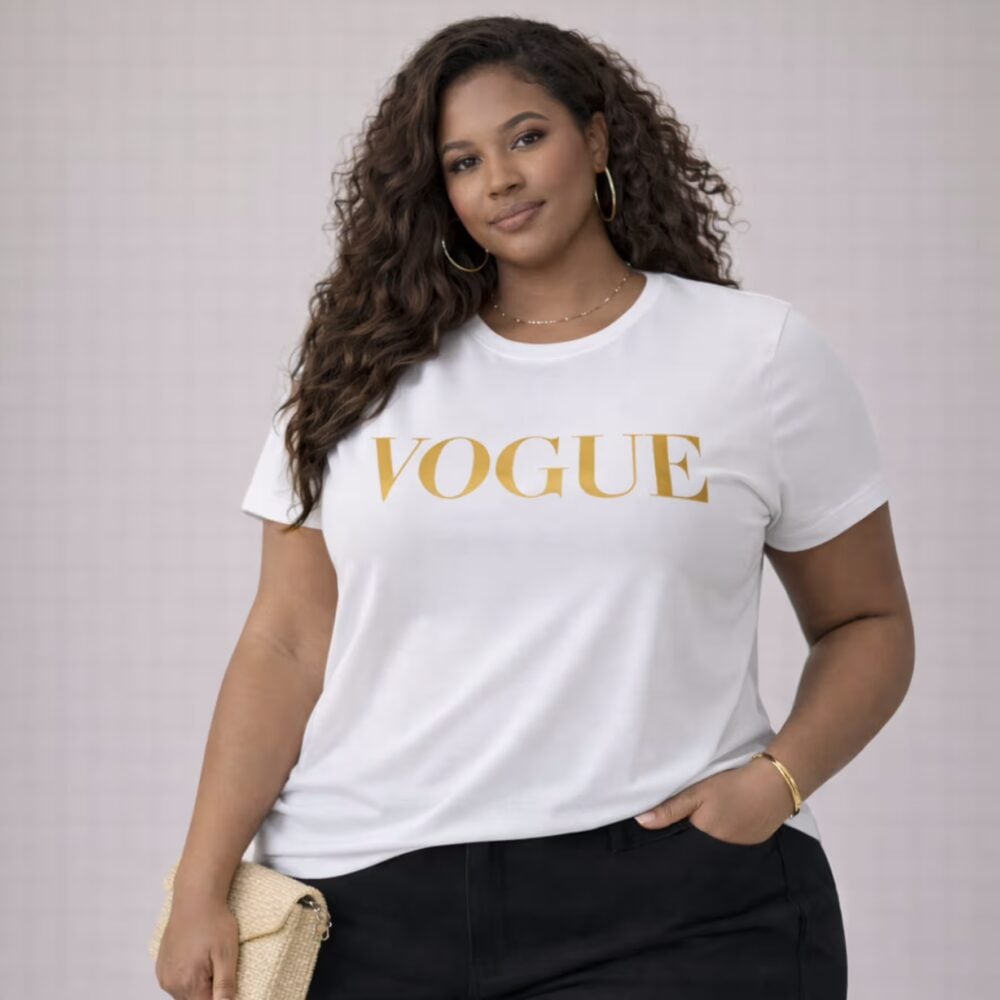 Blusa Feminina Manga Curta Plus Size Ref Vogue Off White Dourado
