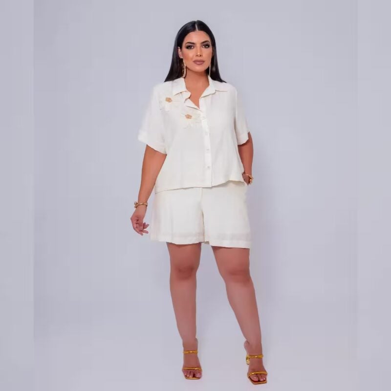 Conjunto Feminino Plus Size Verão Blusa Manga Curta + Shorts Ref 12980 Bege