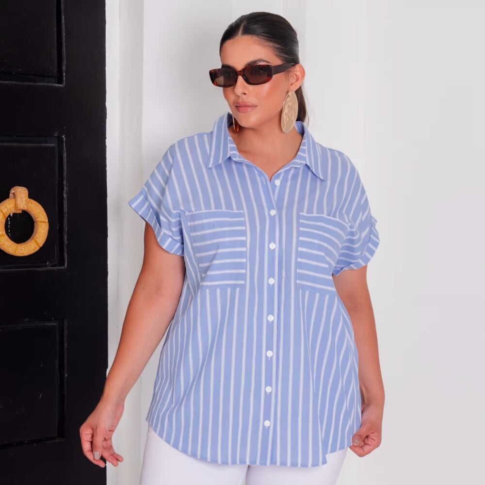 Camisa Feminina Manga Curta Plus Size Ref 700908 Azul Listrada