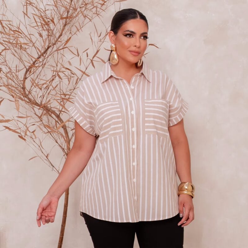 Camisa Feminina Manga Curta Plus Size Ref 700908  Bege Listrada