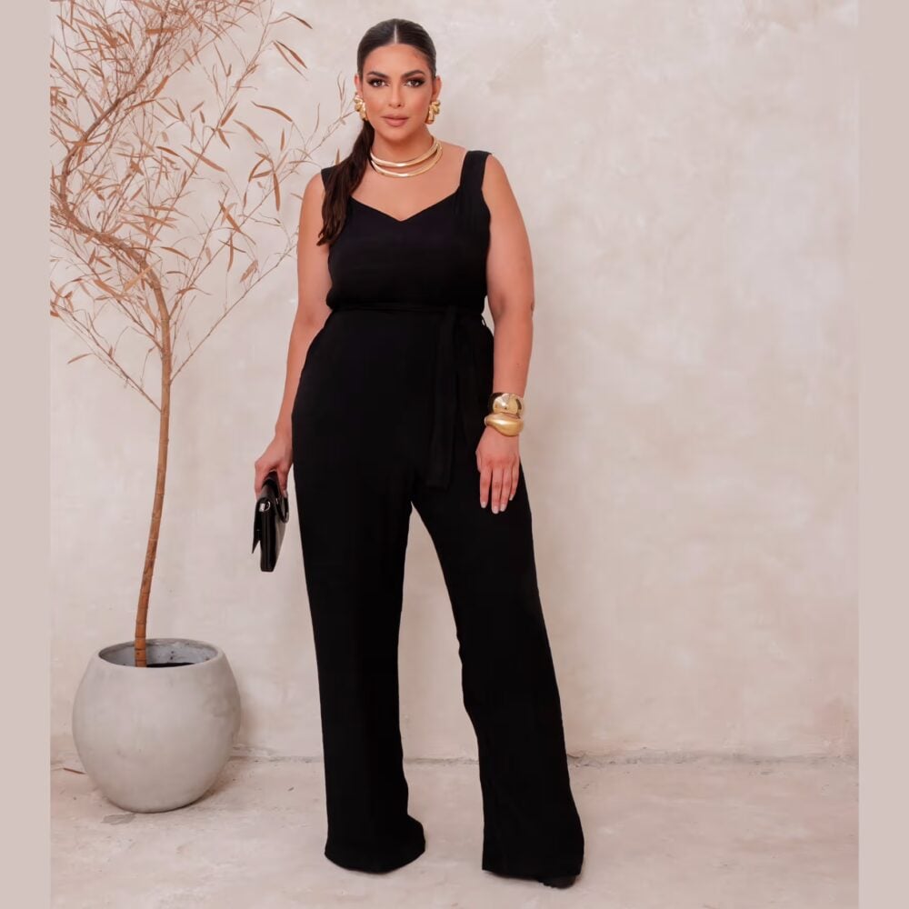 Macacão Longo Feminino Sem Manga Plus Size Ref 900889 Cor Preta