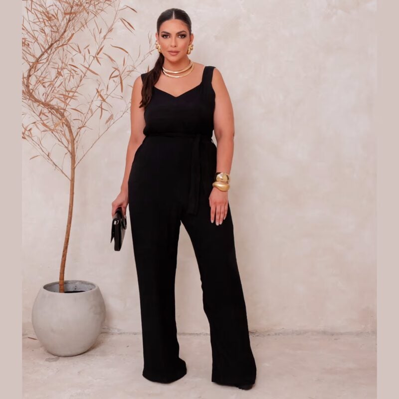 Macacão Longo Feminino Sem Manga Plus Size Ref 900889 Cor Preta