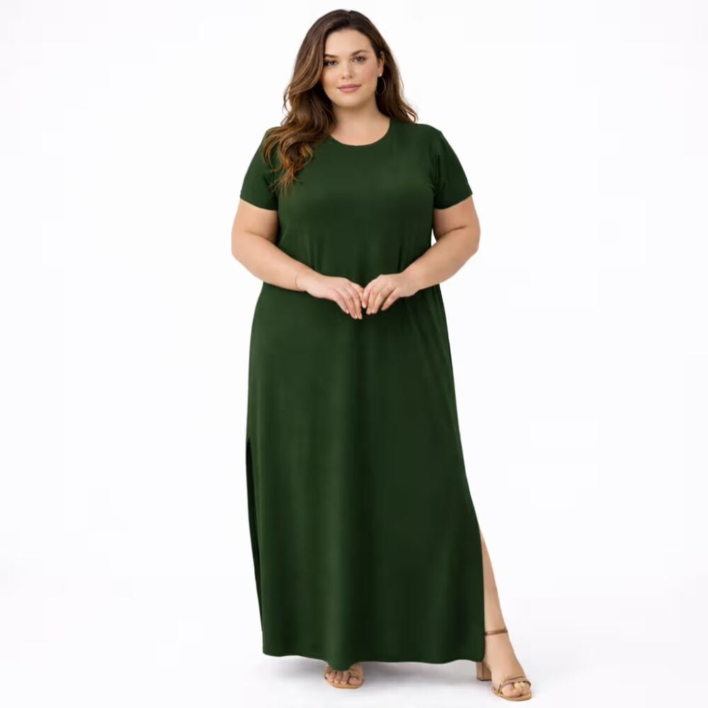 Vestido Longo Plus Size Manga Curta Ref VLM-222 Musgo