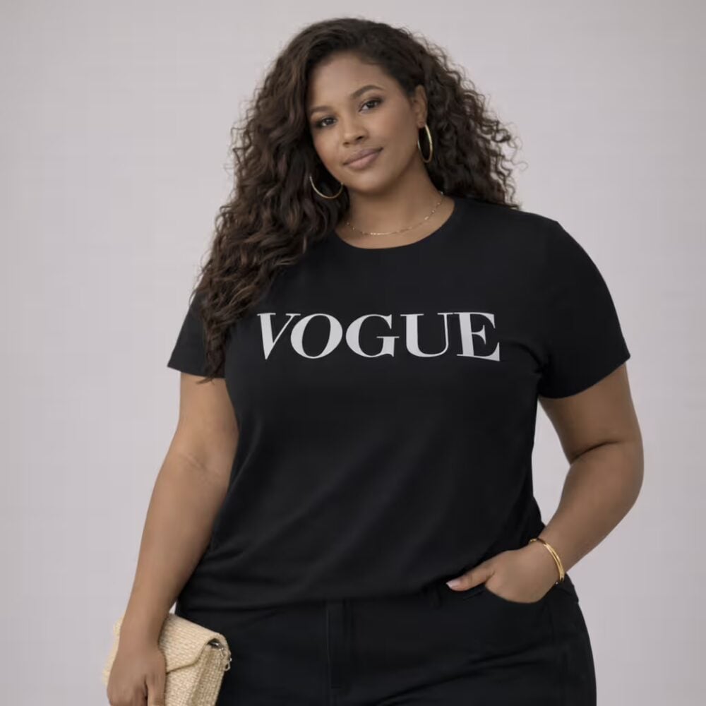 T-shirt Feminina Plus Size Manga Curta Ref Vogue Preto LENE