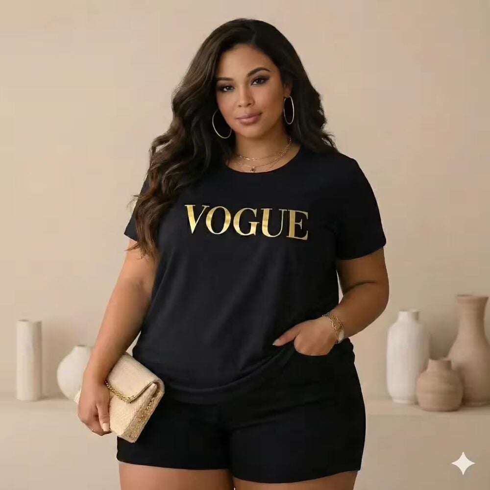 Blusa Feminina Manga Curta Plus Size Ref Vogue Preto Dourado - 54