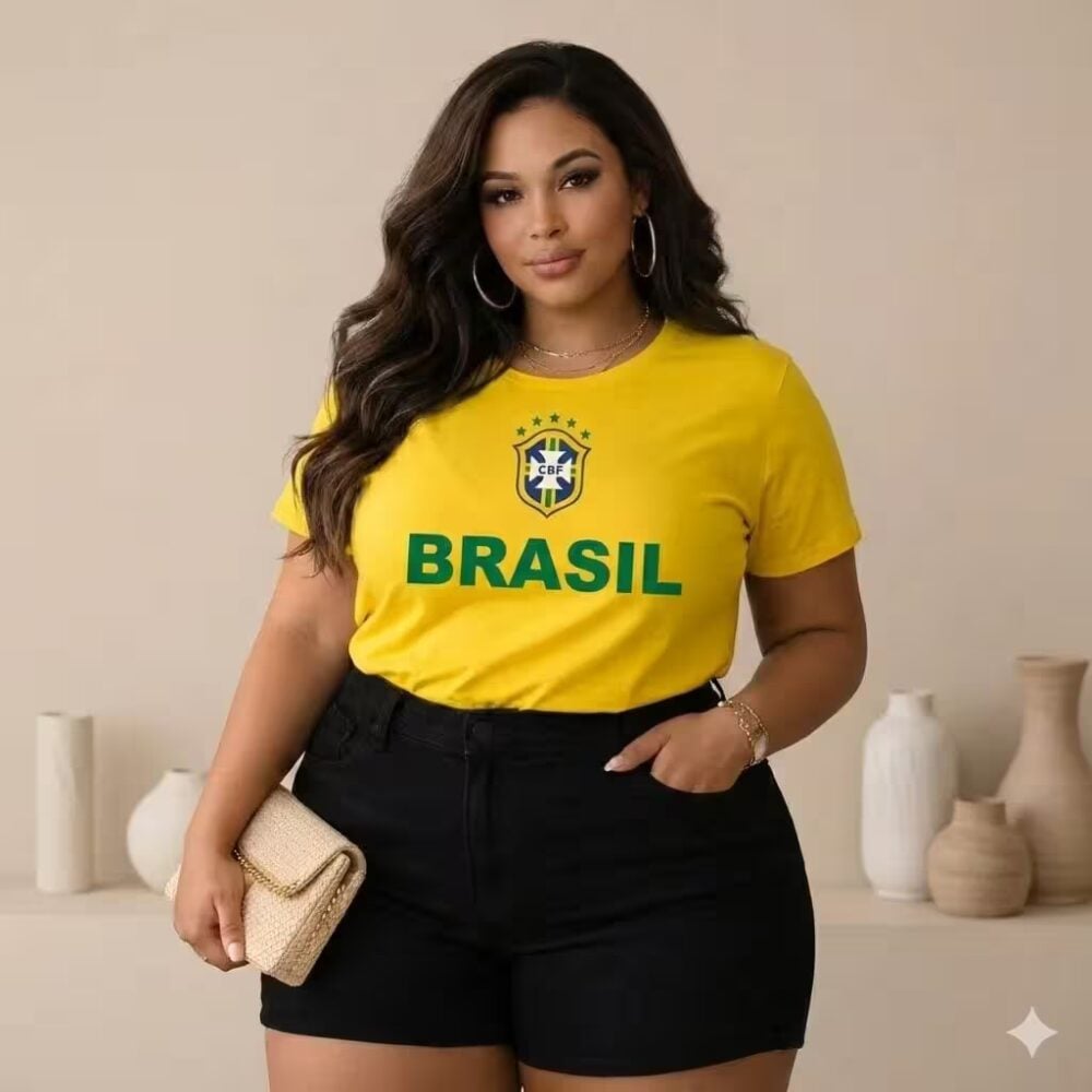 Alternative view of Blusa Feminina Plus Size Manga Curta Ref BRASIL Amarela