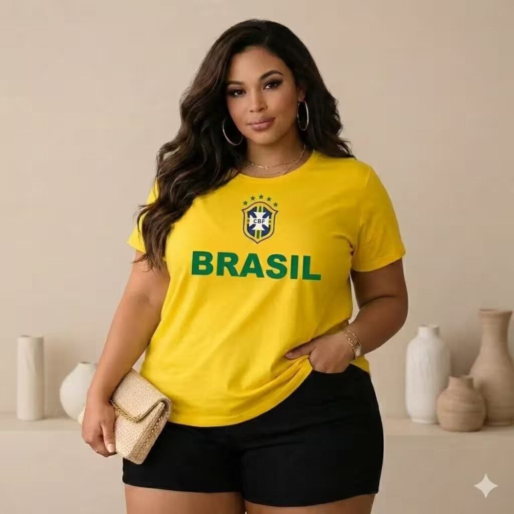 Blusa Feminina Plus Size Manga Curta Ref BRASIL Amarela