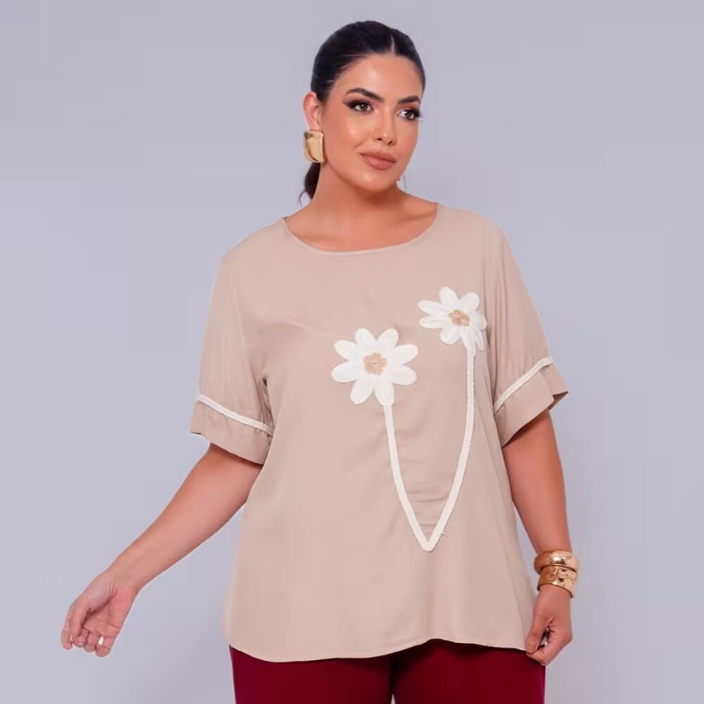 Blusa Feminina Manga Curta Plus Size Ref 13014 Bege