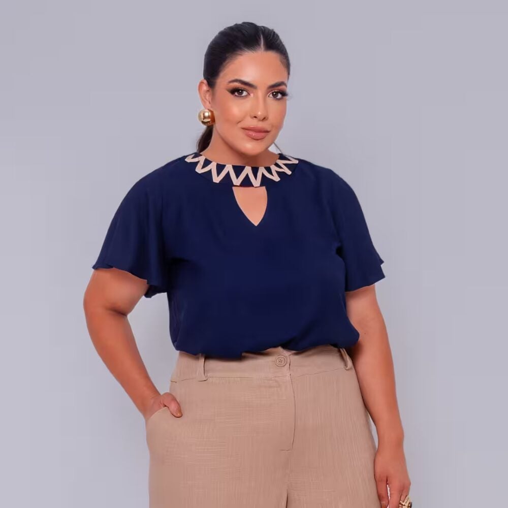 Blusa Feminina Manga Curta Plus Size Ref 13015 Marinho