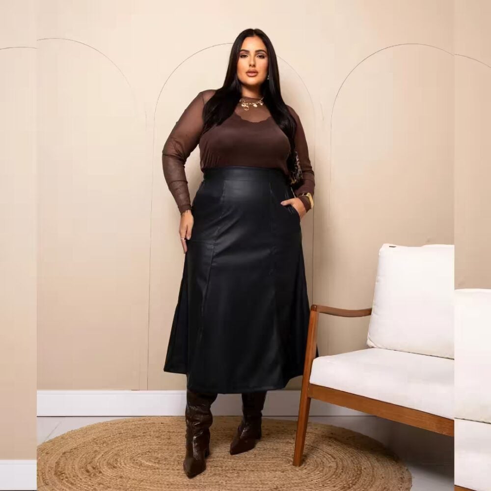 Saia Midi Plus Size Ref 207279 Preta