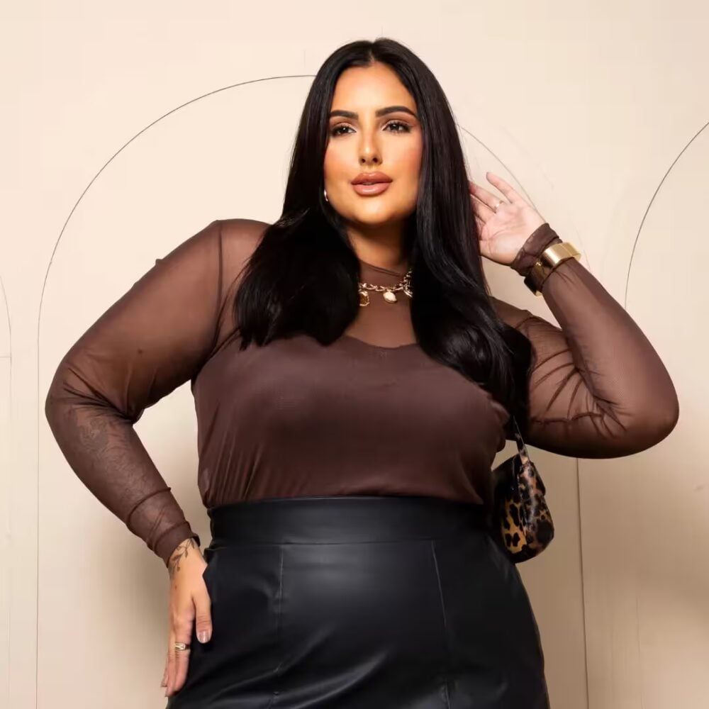 Alternative view of Blusa Feminina Manga Longa Tule Plus Size Ref 206940 Marrom