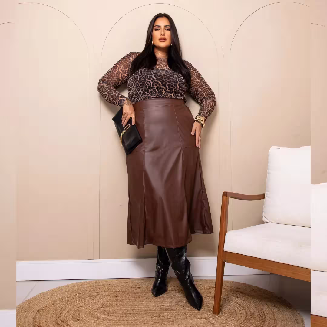 Saia Midi Plus Size Ref 207279 Marrom
