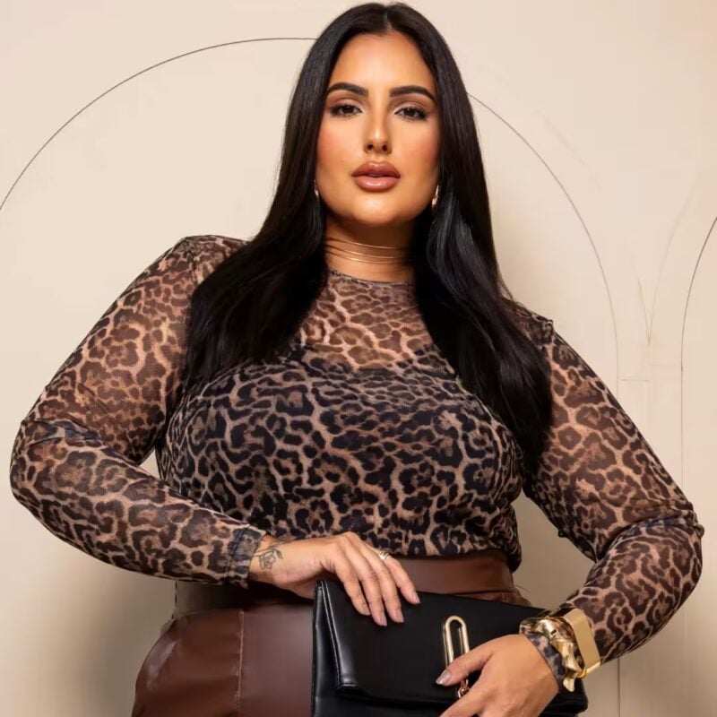 Blusa Feminina Manga Longa Tule Plus Size Ref 206941 Estampa Onça