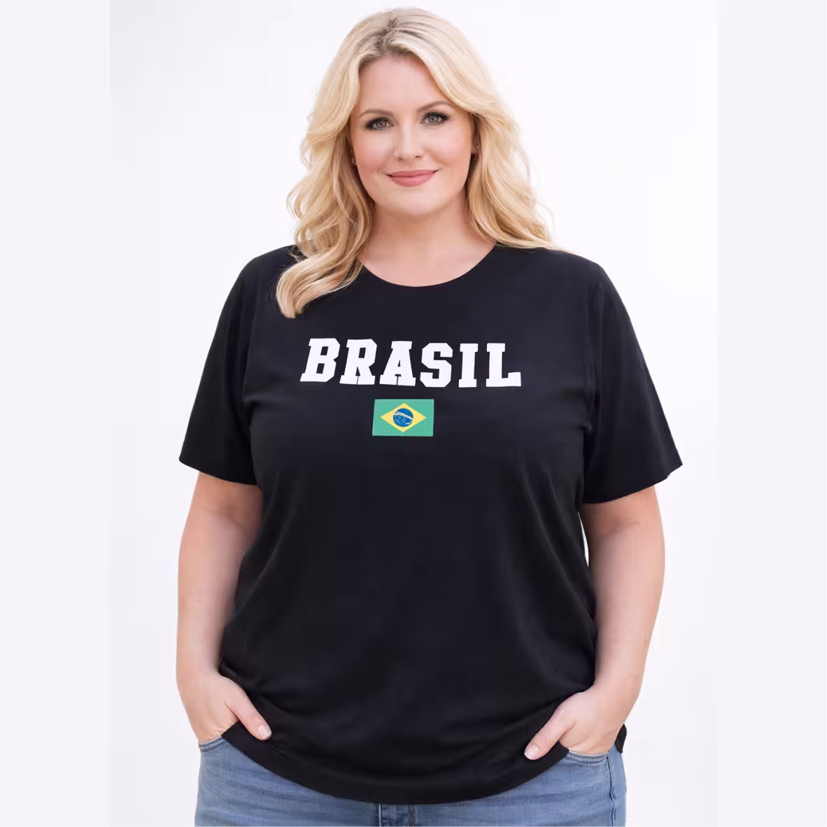 Blusa Feminina Plus Size Manga Curta Ref BRASIL Preto
