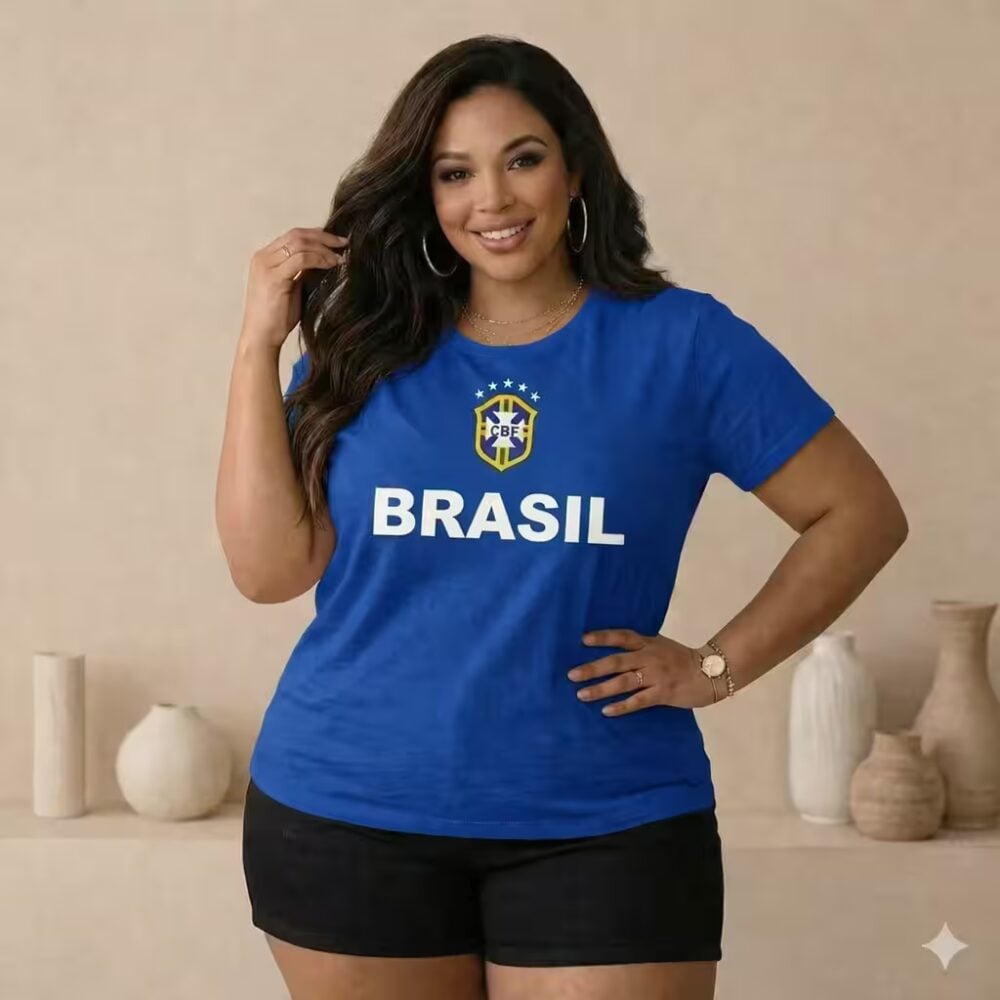 Blusa Feminina Plus Size Manga Curta Ref BRASIL Azul - 52