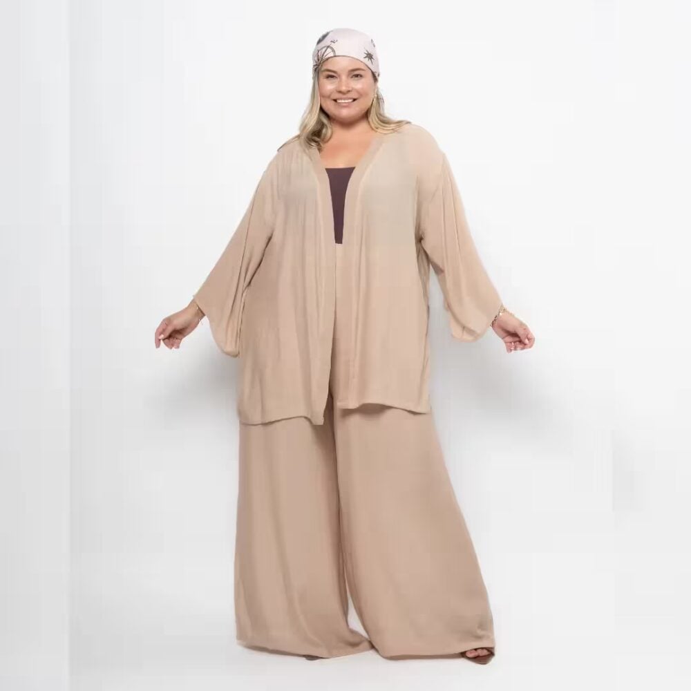 Conjunto Feminino Verão Kimono + Calça Plus Size Ref MR1977 Bege