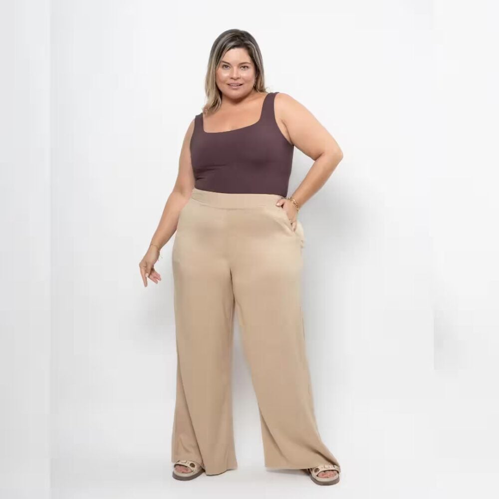 Calça Feminina Pantalona Plus Size Ref MR2057 Bege