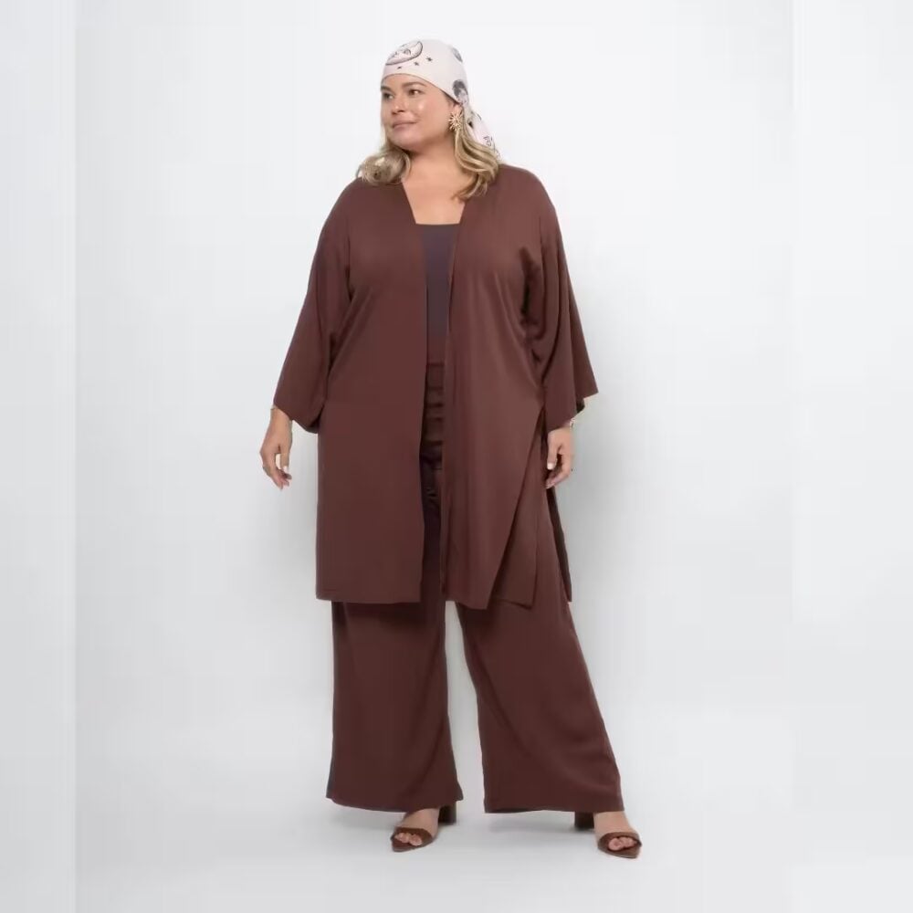 Kimono Manga Curta Plus Size Ref MR2054 Marrom