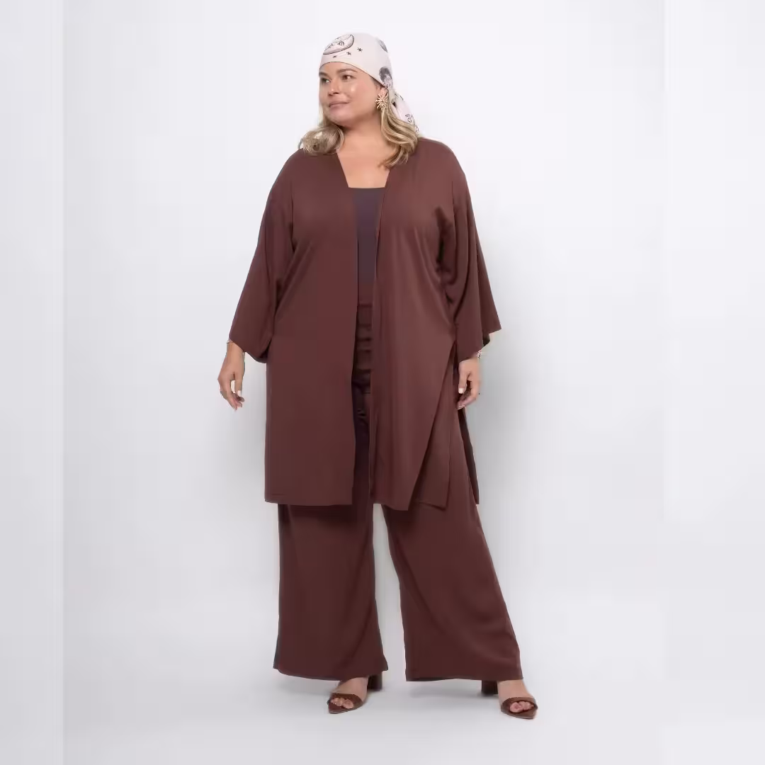 Kimono Manga Curta Plus Size Ref MR2054 Marrom