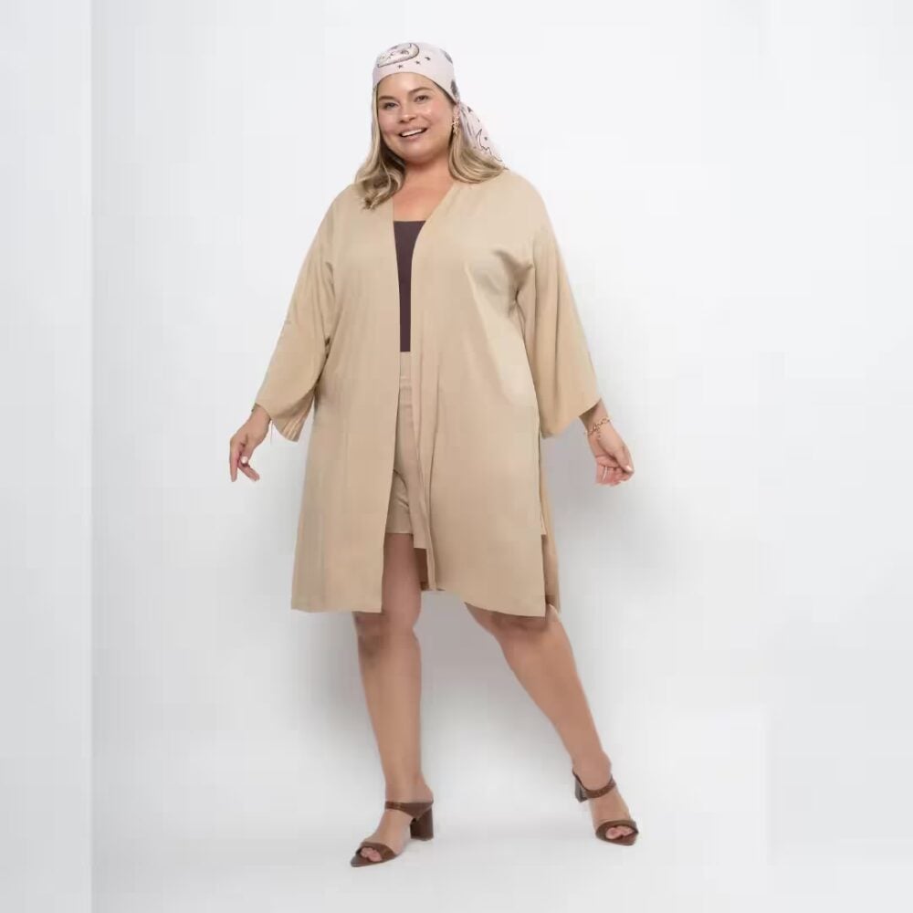 Kimono Manga Curta Plus Size Ref MR2054 Bege