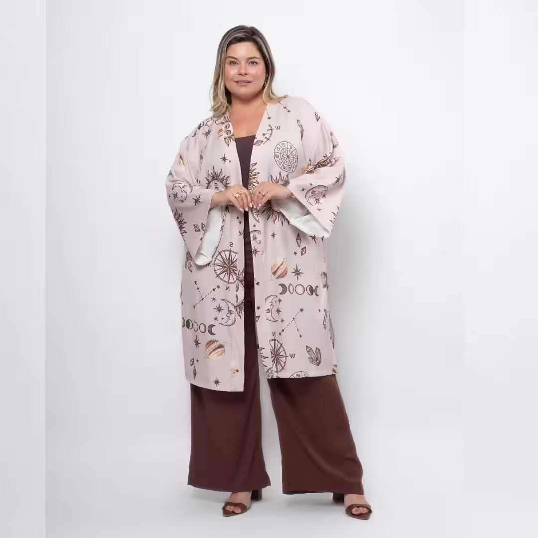 Kimono Manga Curta Plus Size Ref MR2062 Estampa Nude