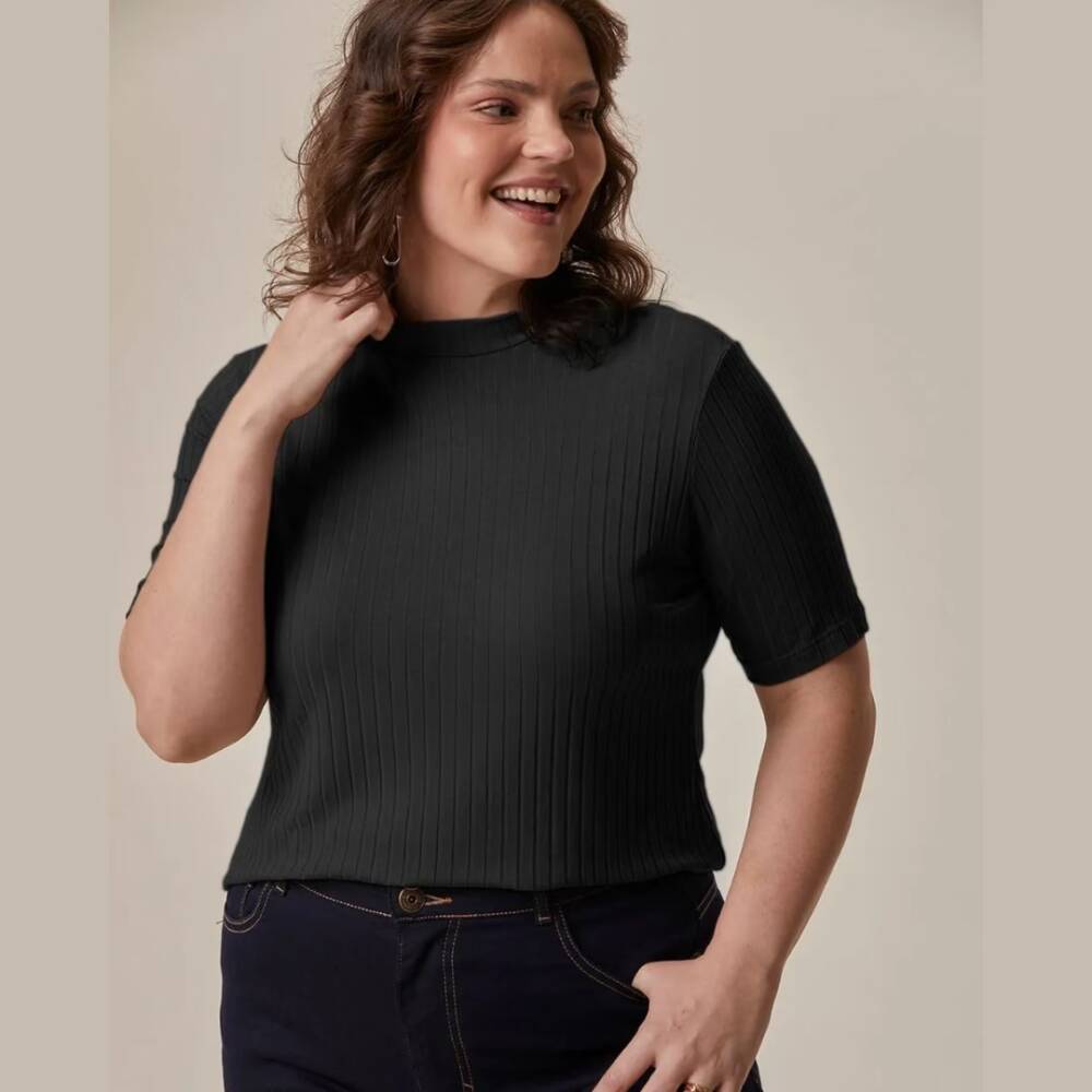 Blusa Feminina Plus Size Manga Curta Ref 108542 Preto