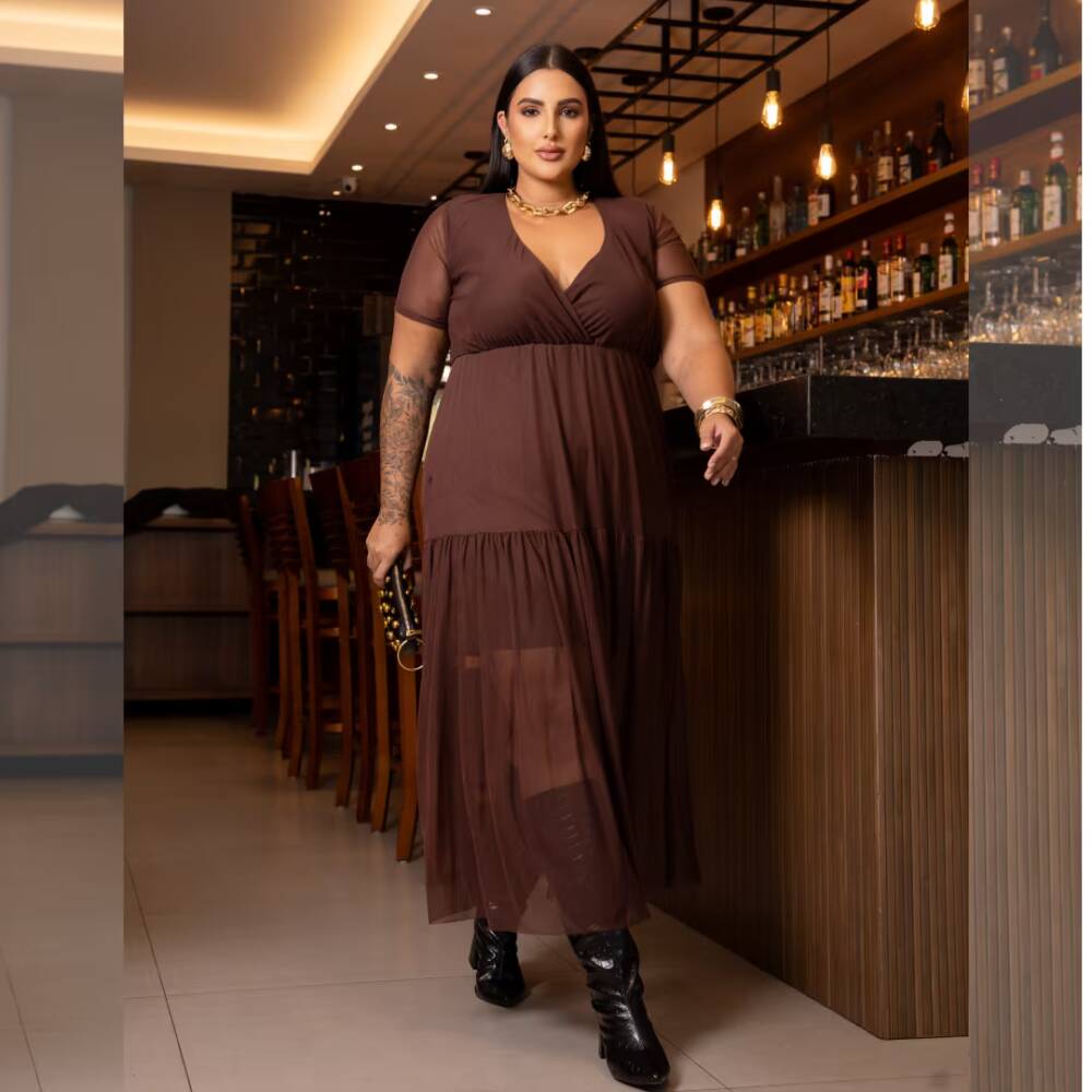Alternative view of Vestido Mid Plus Size Manga Curta Ref 116920 Café