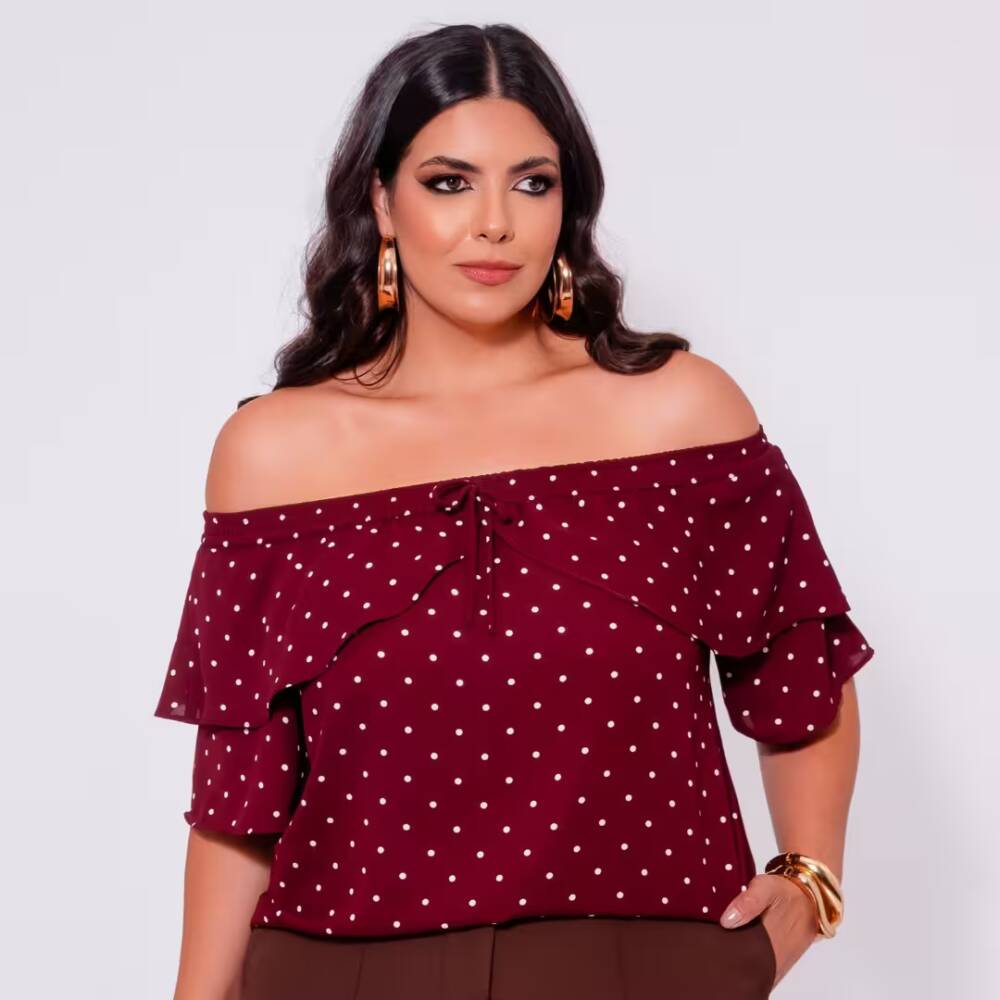 Blusa Feminina Plus Size Manga Curta Ref 13044 Poá Bordo